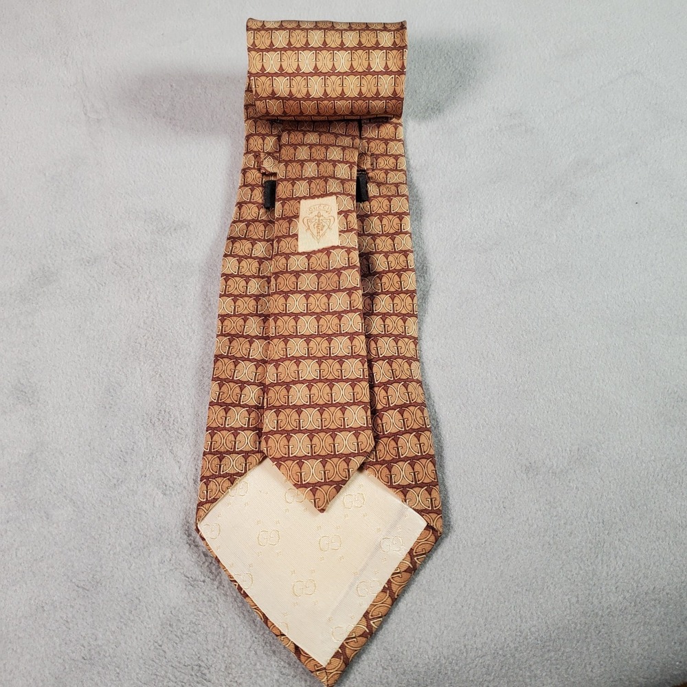 Gucci Tie Mens Brown Beige GG Monogram Silk Made In Italy Designer Luxury Office - Picture 4 of 8
